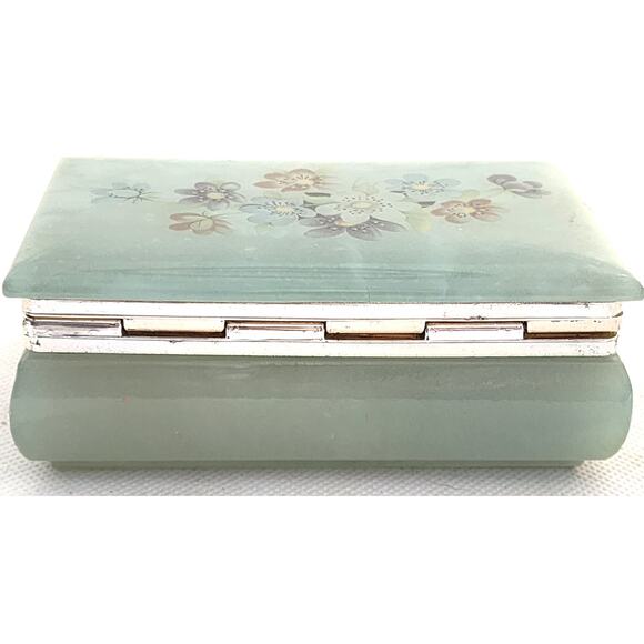 Trinket/Jewelry Box-Alabaster-Green-Flowers-Hinged Edge - Picture 2 of 13